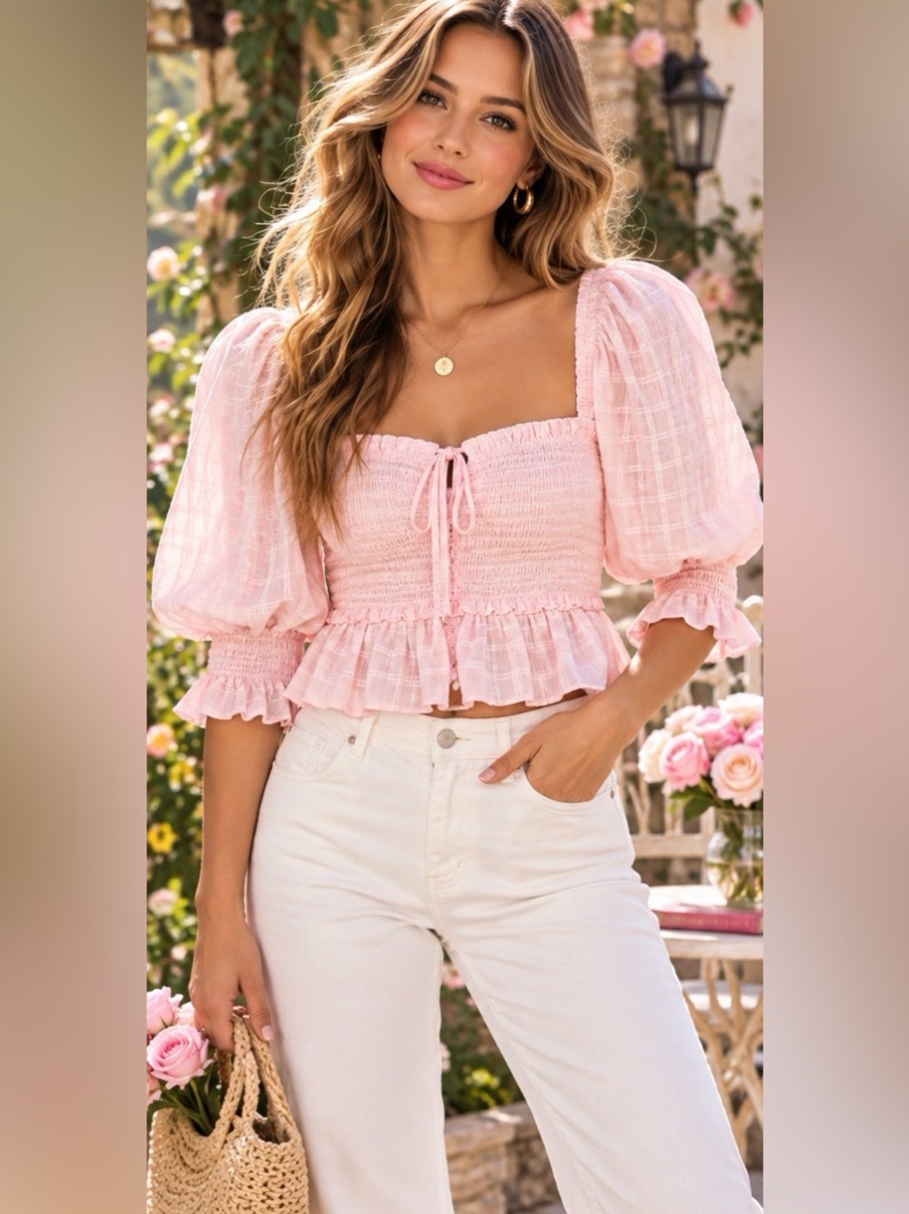 NWT WAYF Pink Smocked Puff Sleeve Peplum Crop Top XS Coquette